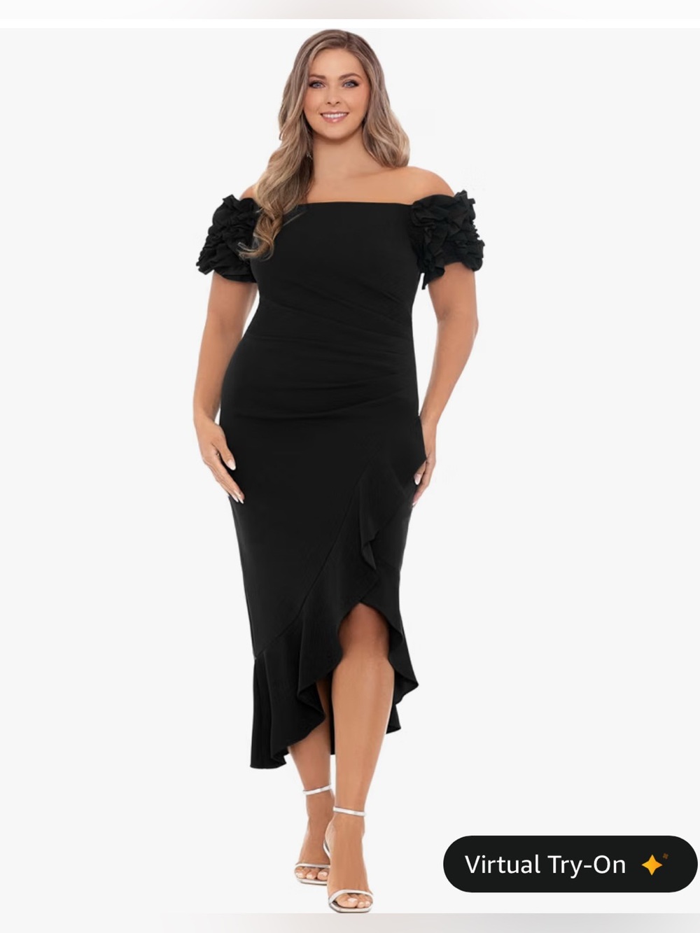 Xscape Black One-Shoulder Ruffle Midi Dress